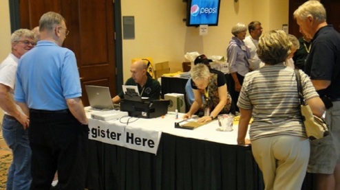 The registrations desk in good hands with Bob and Linda Lenz